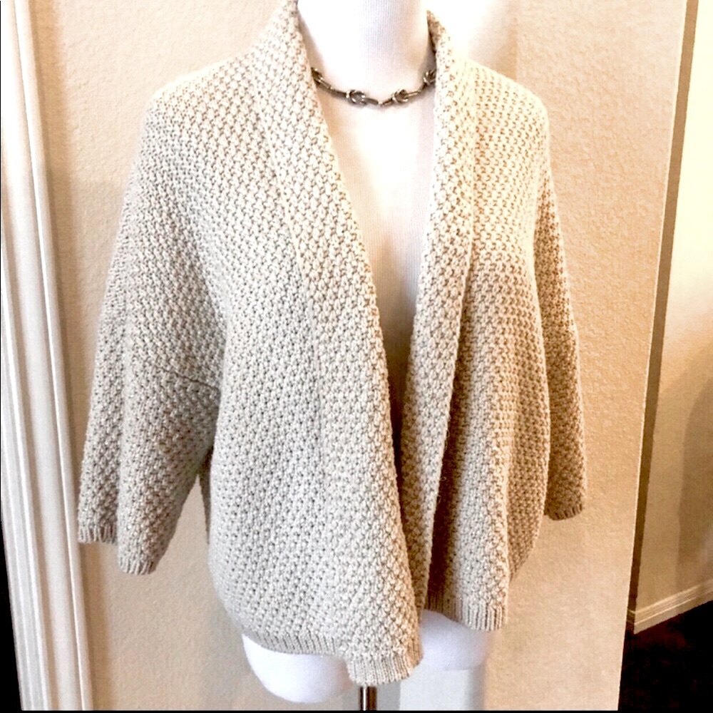 Ann Taylor Loft Womens Cardigan Cable Knit Sweater Medium Open Front Gold Creme